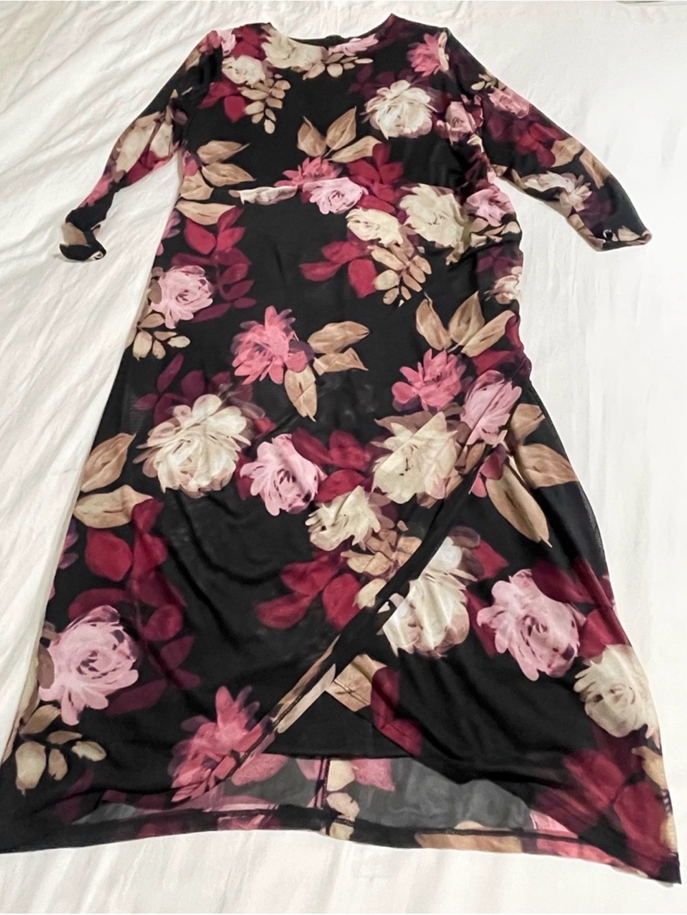 Taylor Floral Mesh Ruched Midi Dress 16W Black Pink Long Sleeve Plus - Picture 13 of 14
